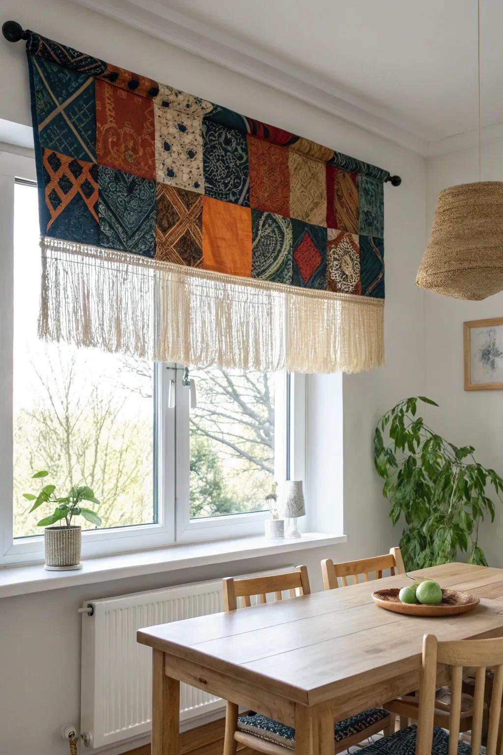 Elevate your space with an eclectic fabric patchwork cornice board — a perfect blend of color, culture, and creativity.