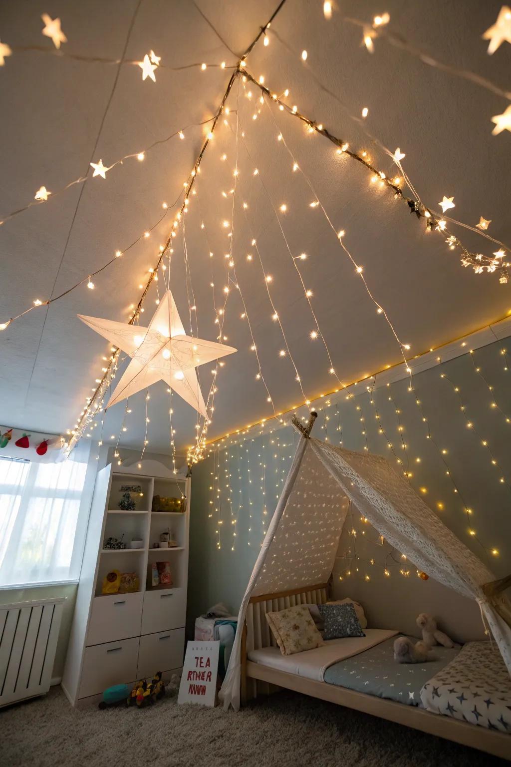 A child's room ceiling transformed into a starry night with fairy lights.