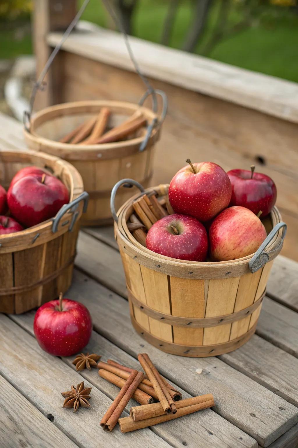 Apple baskets with cinnamon sticks create a fragrant autumn display.