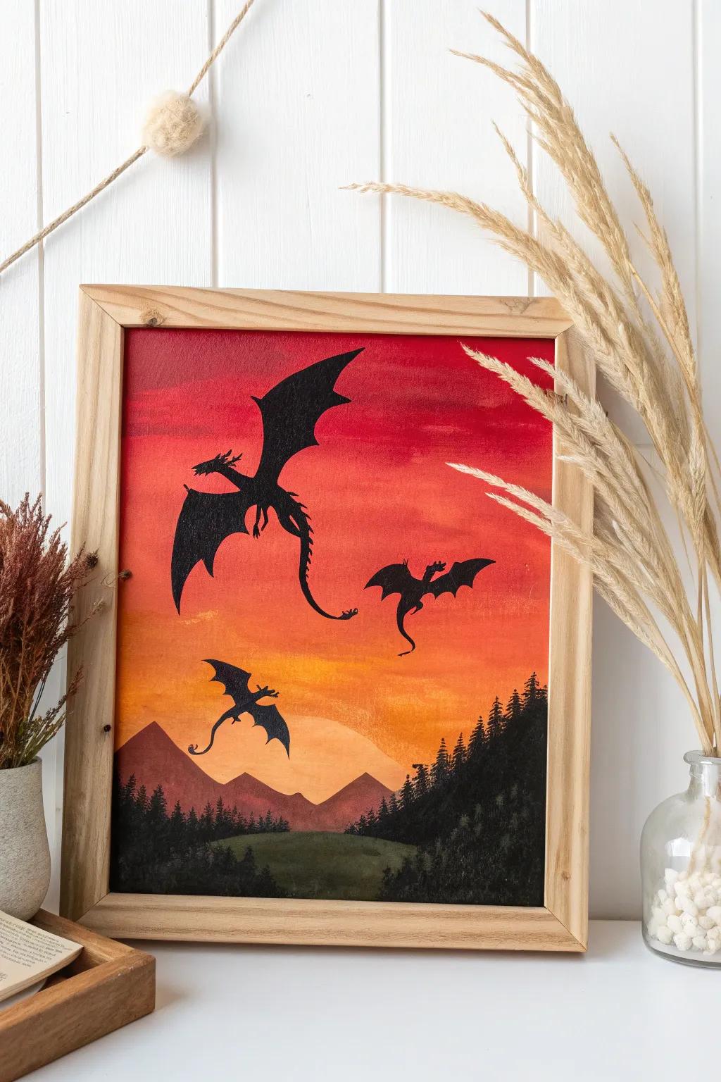 Elevate your space with the mythical allure of dragon silhouettes against a fiery sunset.