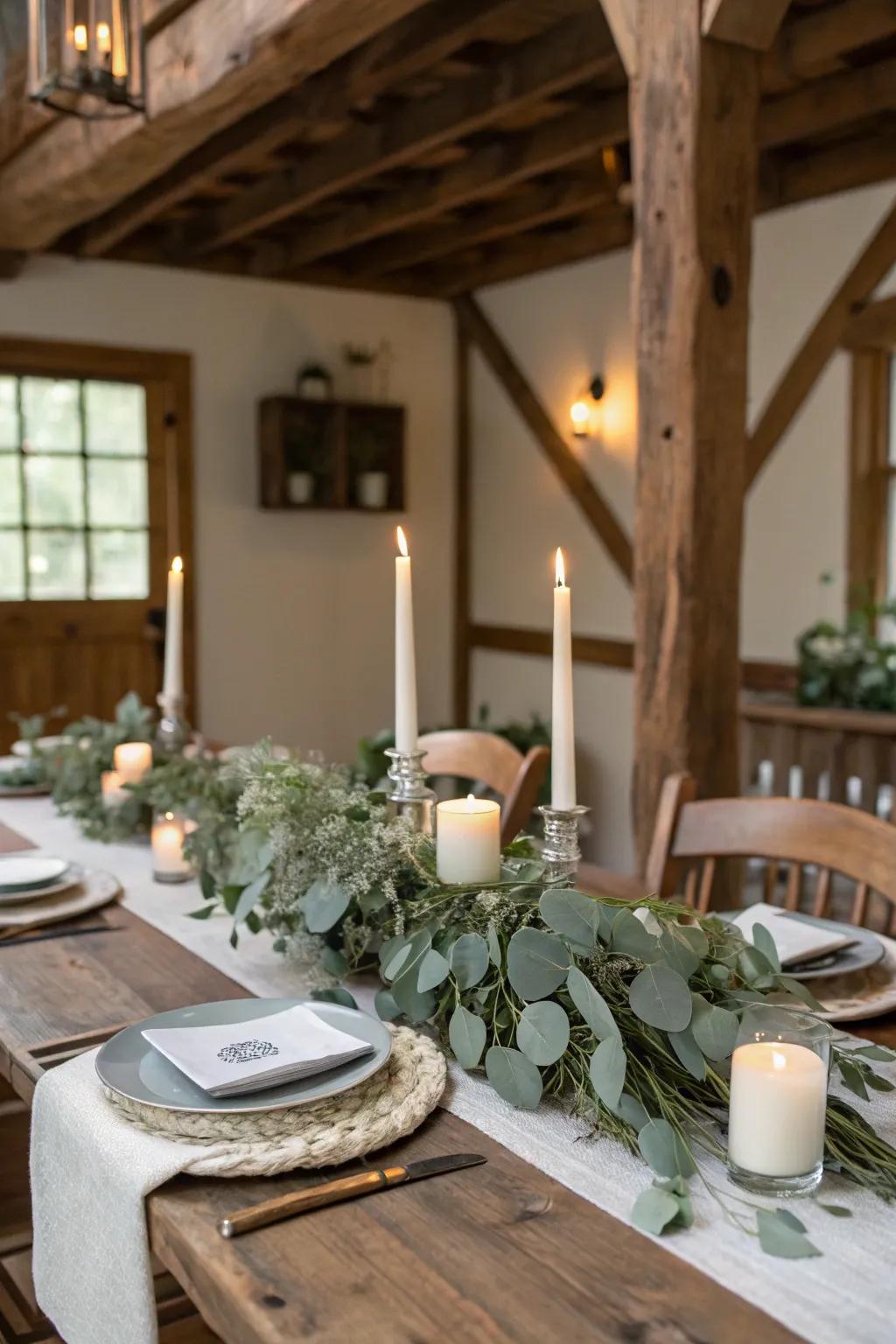 Eucalyptus and white candles create a fresh and elegant farmhouse centerpiece.