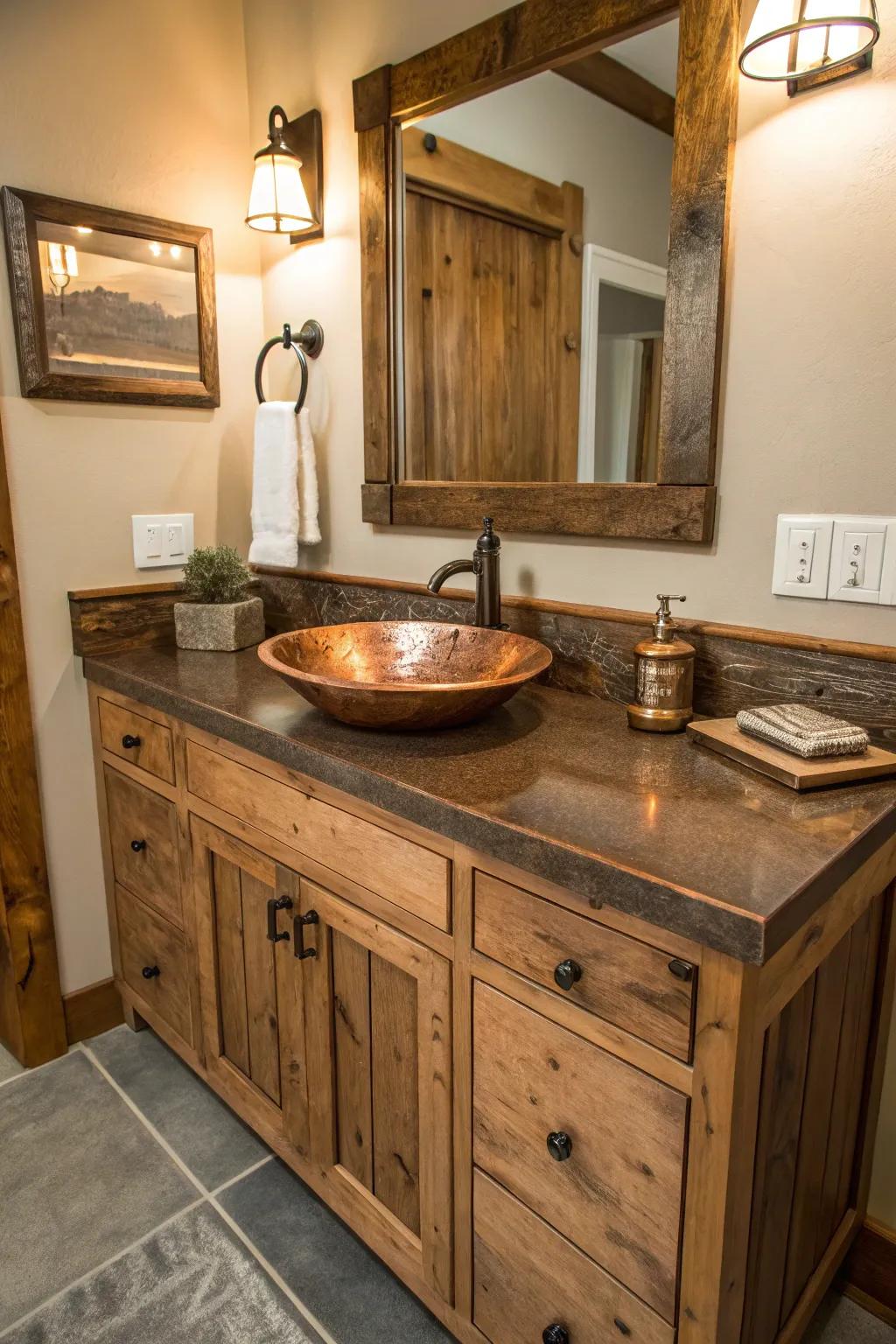 A farmhouse bathroom vanity featuring a stunning copper sink.