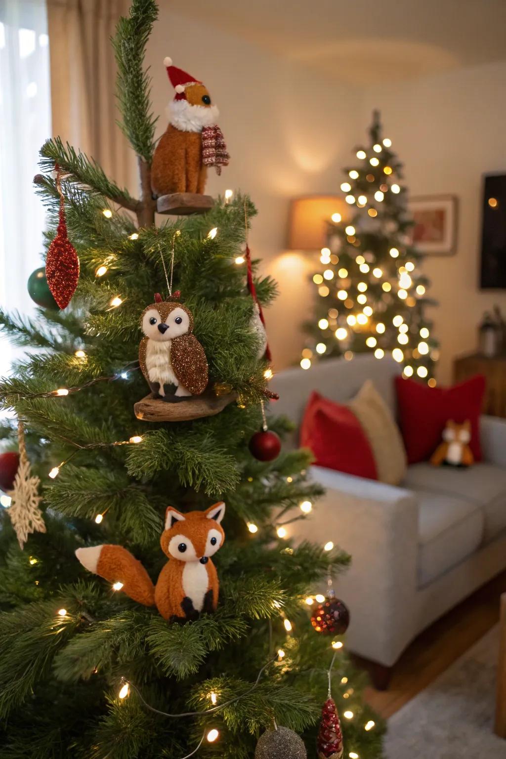 Whimsical woodland creature ornaments on a Christmas tree.