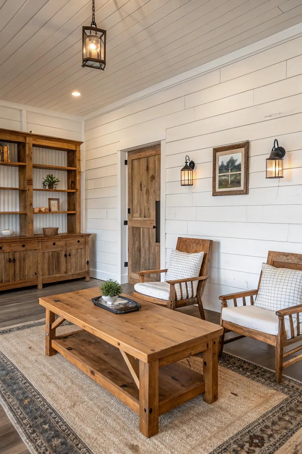 Shiplap walls add texture and interest to farmhouse interiors.