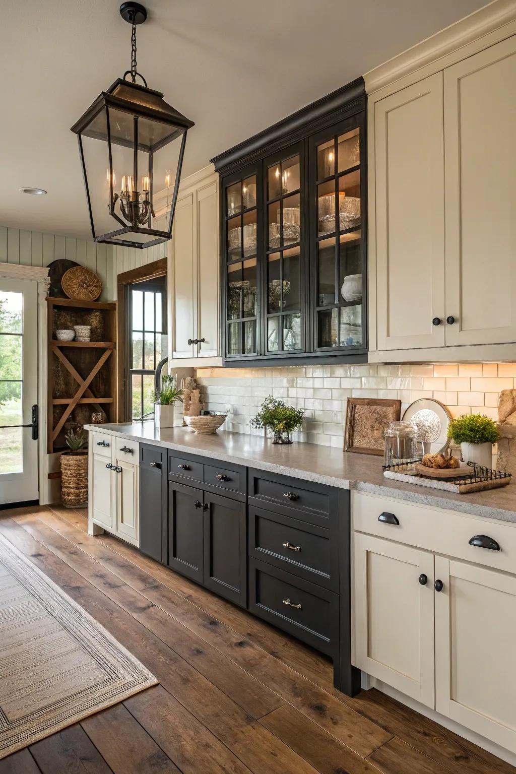 Farmhouse kitchen with two-tone cabinets in contrasting hues.