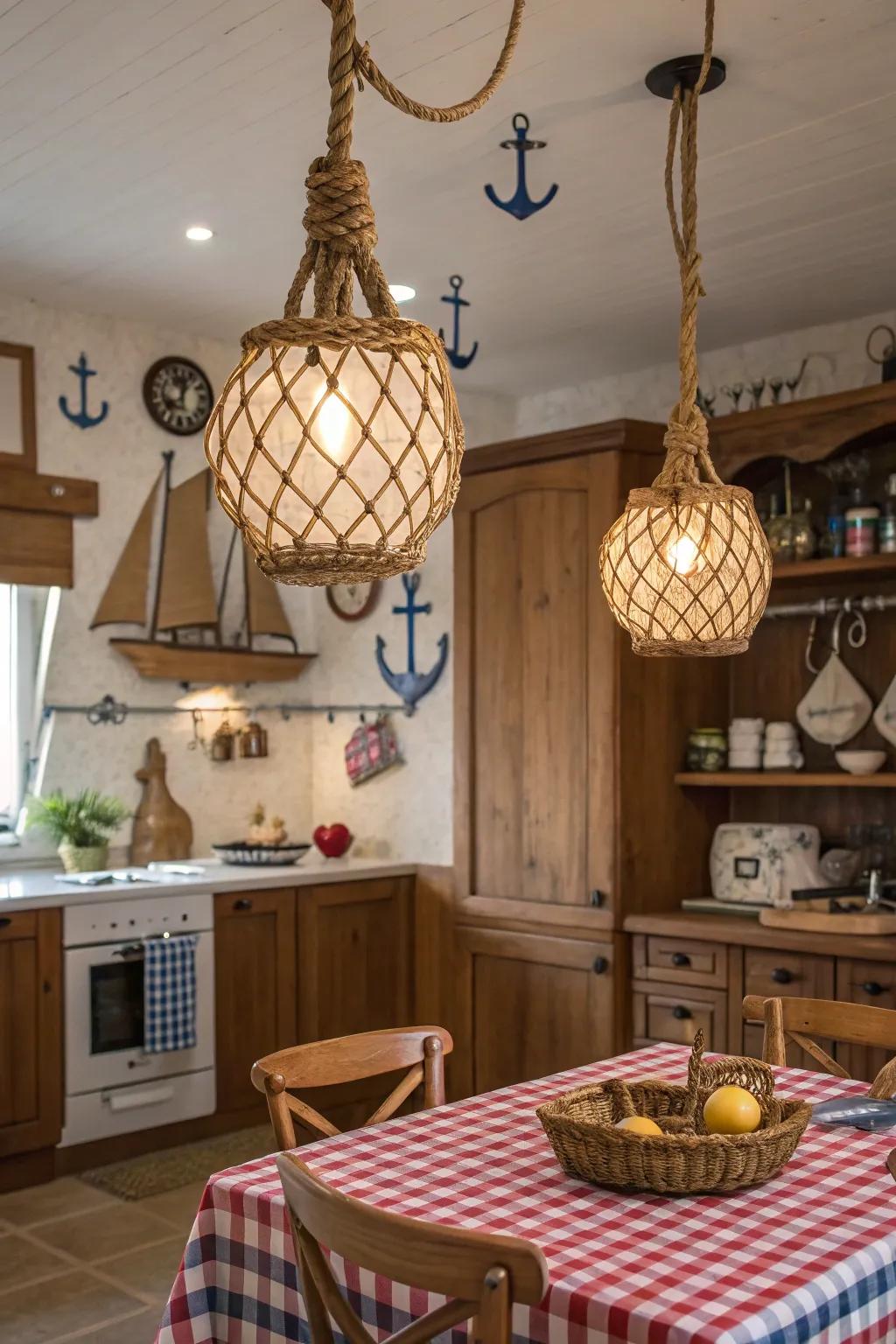 Rope wrapped pendant lights add a coastal touch to the kitchen.