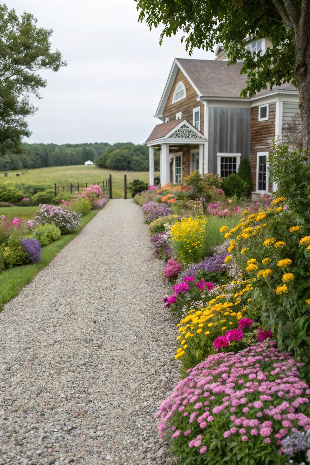 Floral borders add vibrant colors and scents to this farmhouse path.