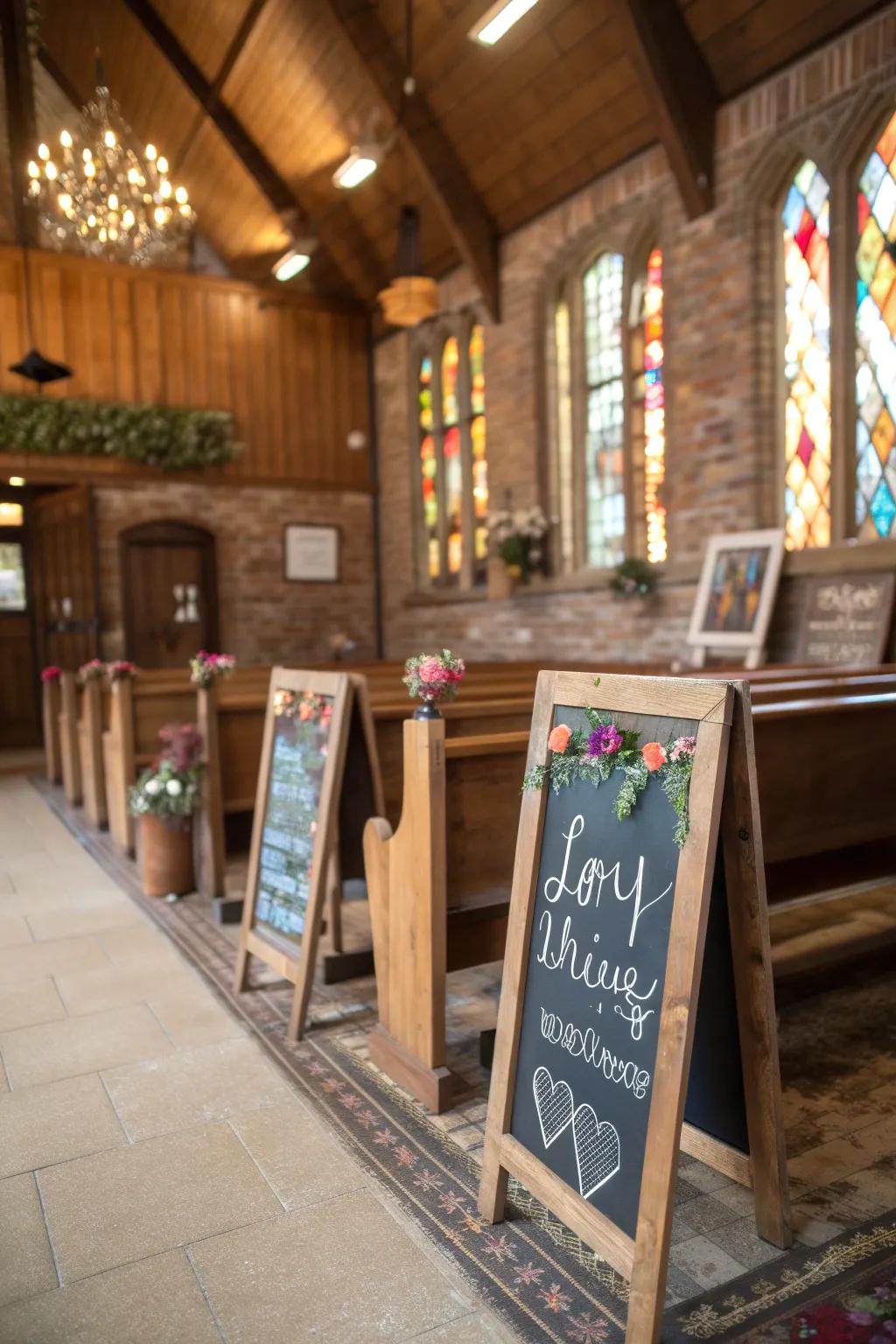 Chalkboard signs add a rustic and informative touch to the decor.