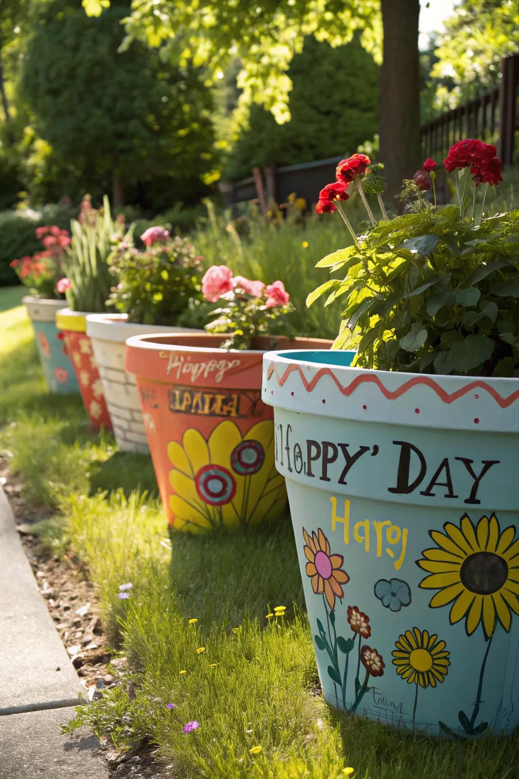 Add a splash of color to your dad's garden with painted pots.