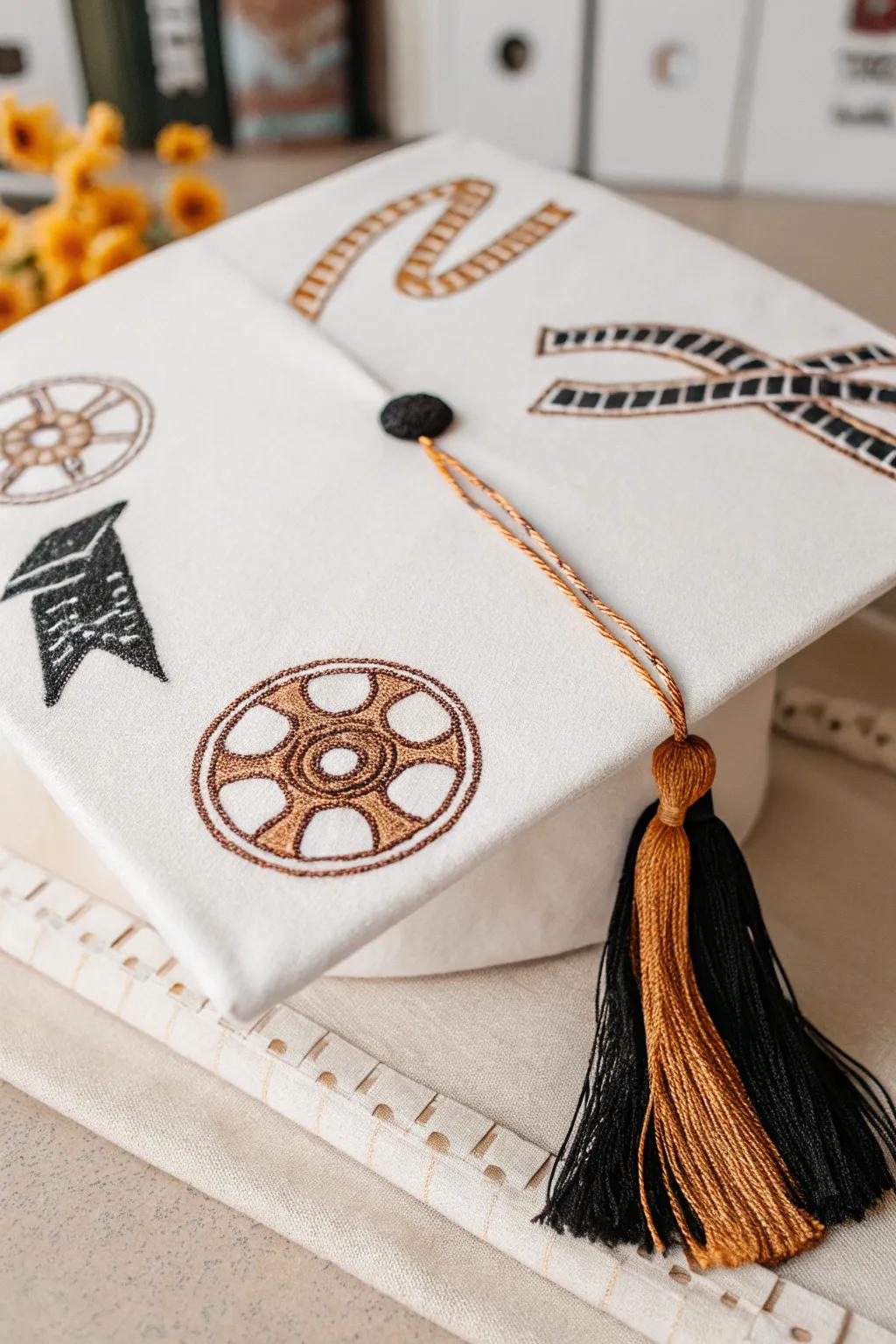 Celebrate your achievements with a cinematic twist! This handcrafted graduation cap blends tradition with film-inspired elegance. 🎓✨