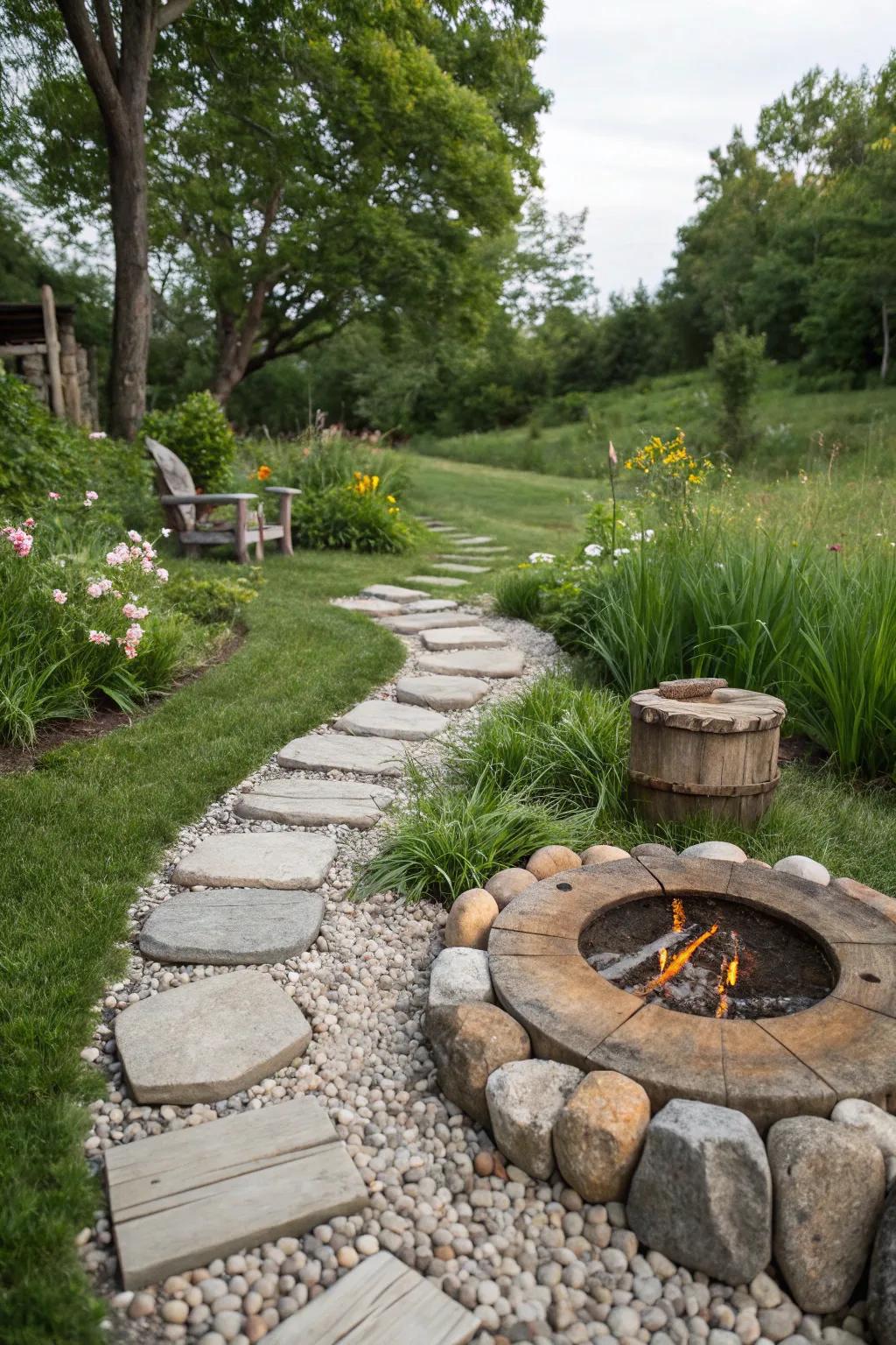 Pebble pathways add charm and connectivity to your fire pit area.