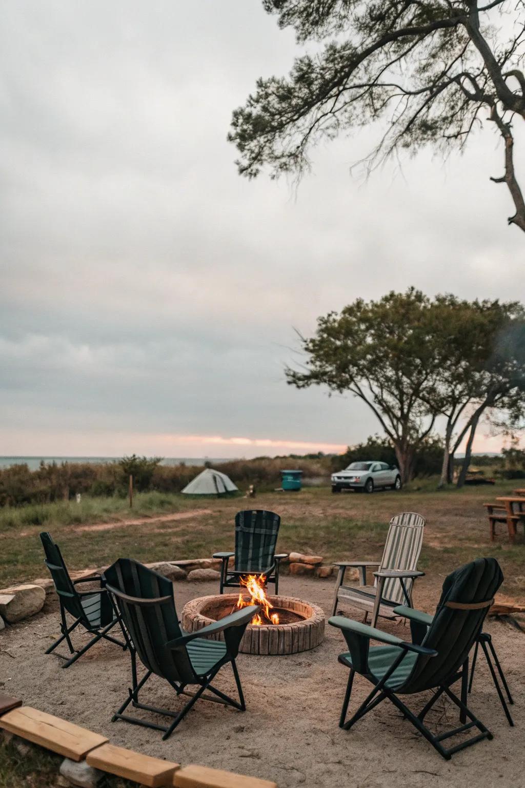 Camp chairs offer a budget-friendly and flexible seating option for your fire pit.