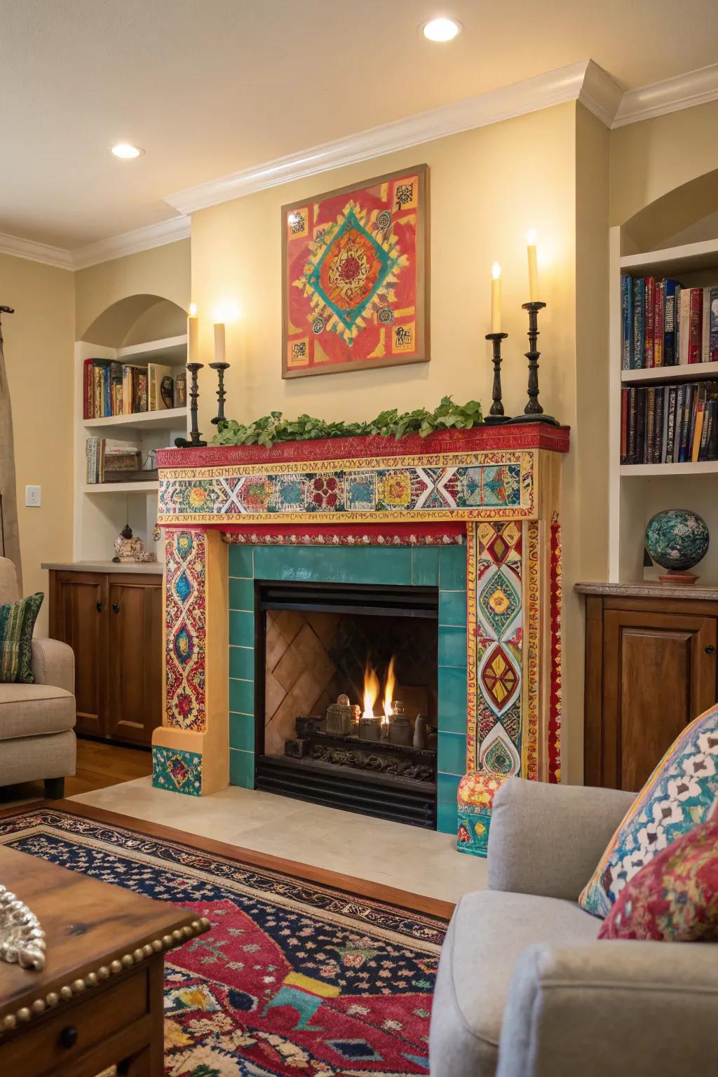 A colorful mantel transforming a simple fireplace into a vibrant focal point.