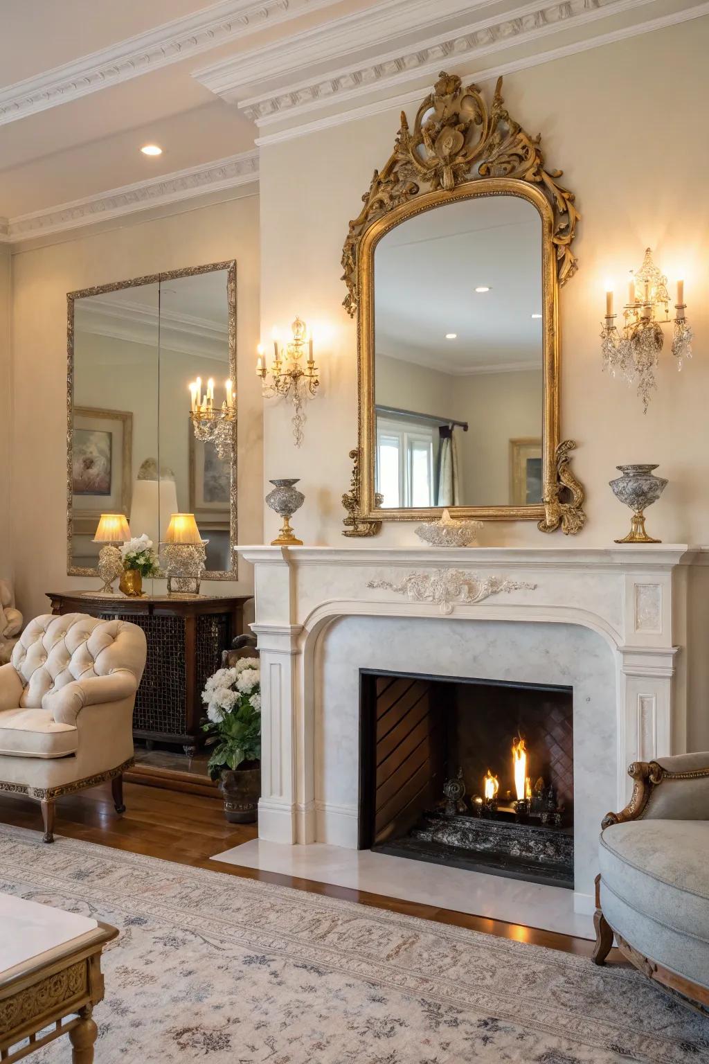 Mirrors above the mantel can enhance light and space.