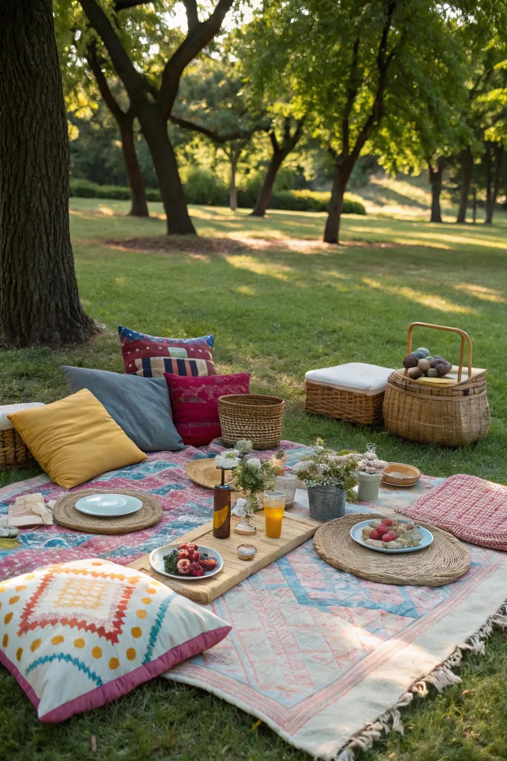 An outdoor picnic setup creates a charming and relaxed atmosphere.