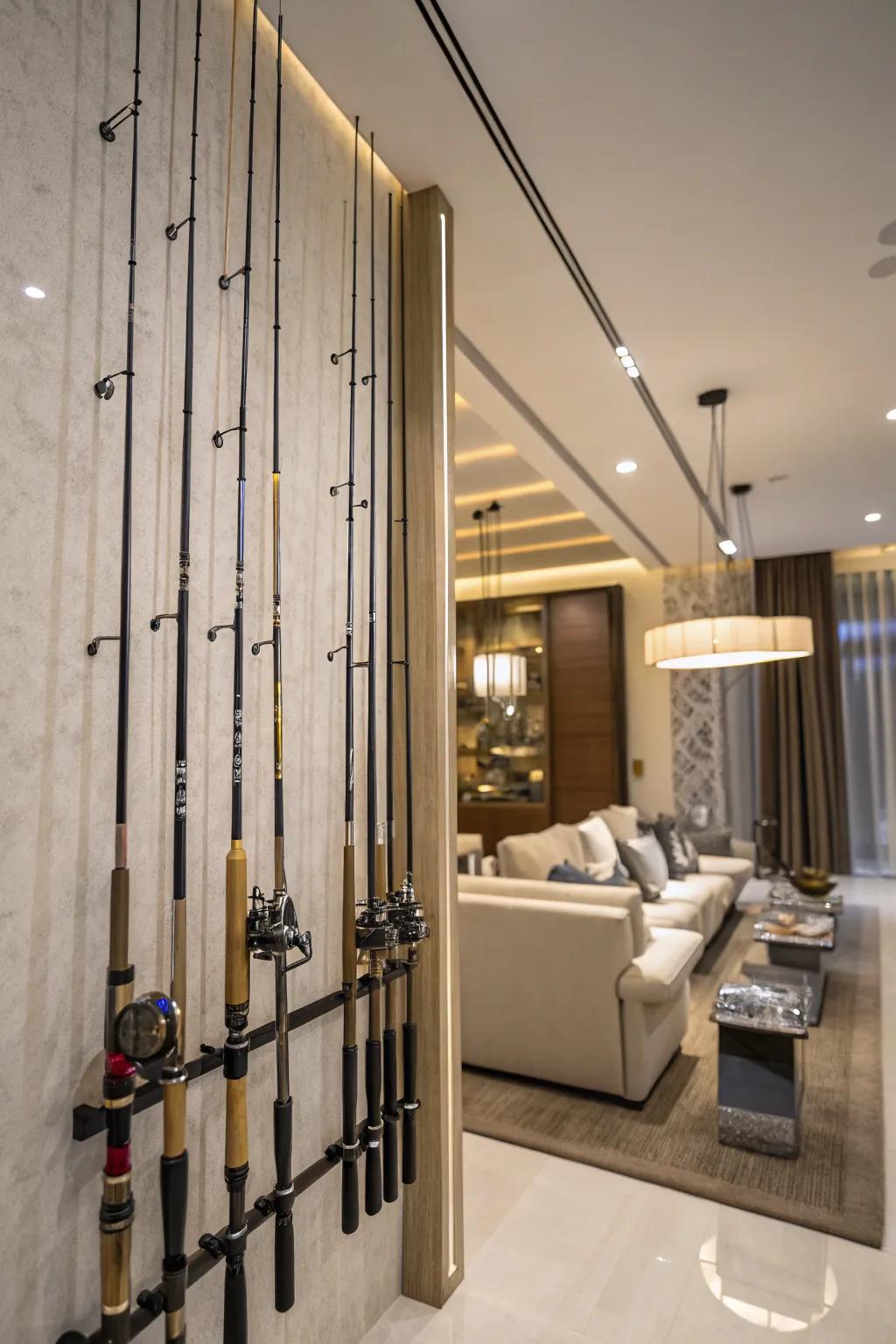 Wall-mounted rod holders offer both functionality and style.