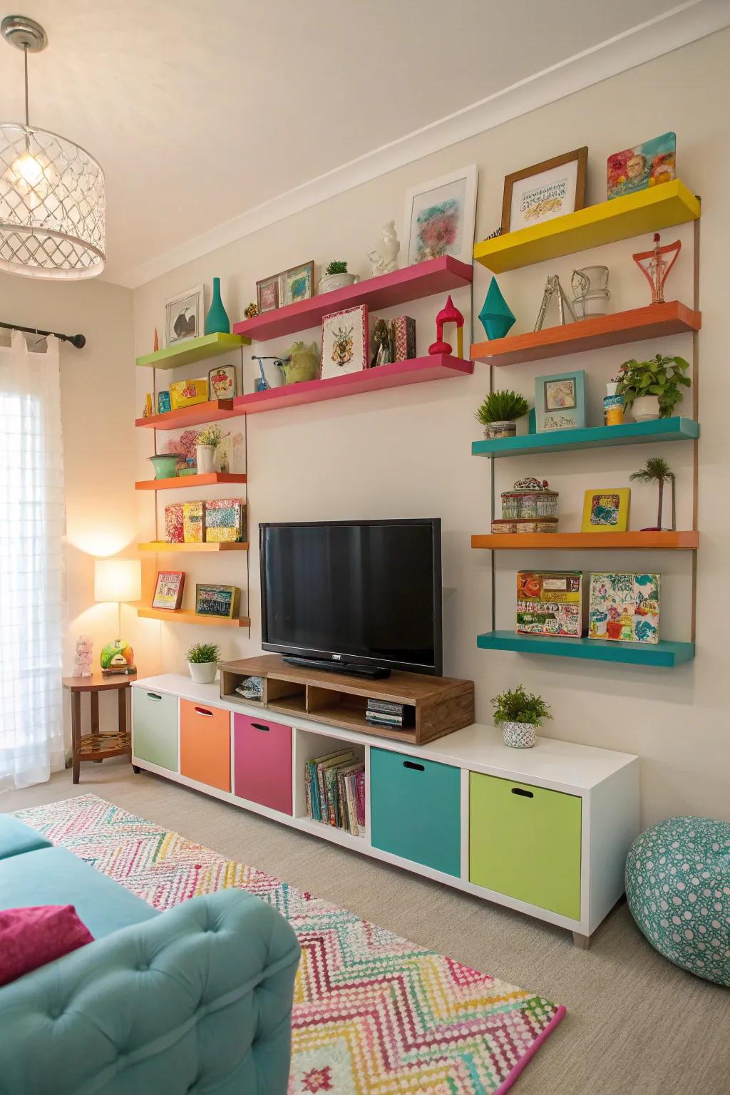 Colorful floating shelves add a lively touch to the TV area.