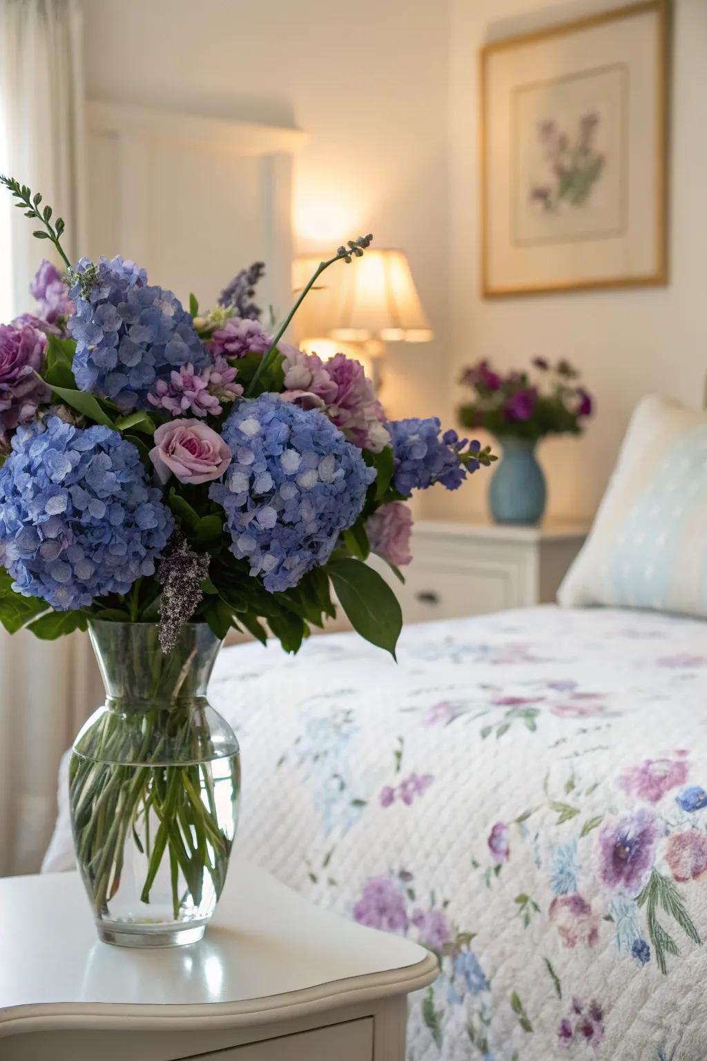 Calming blue and violet floral arrangement.