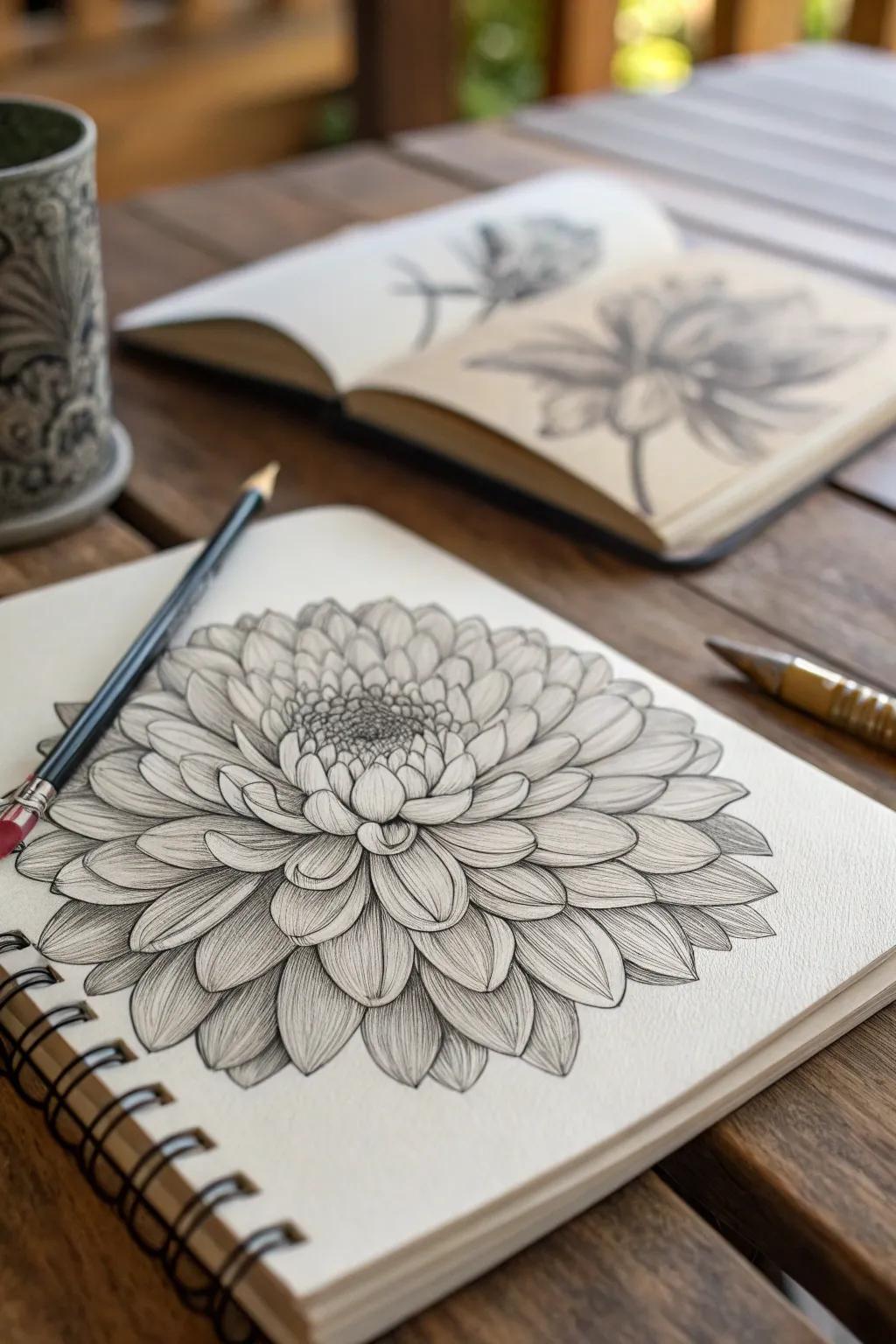 An intricate aster drawing, showcasing its layered beauty.