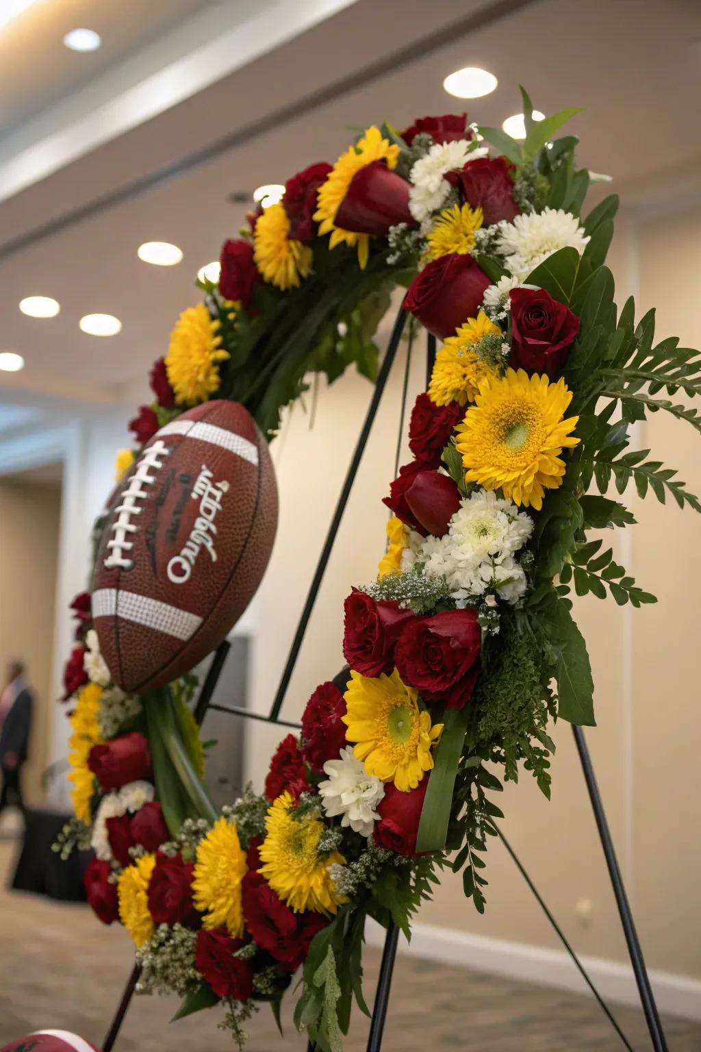 Floral elegance meets football fun in this unique wreath design.