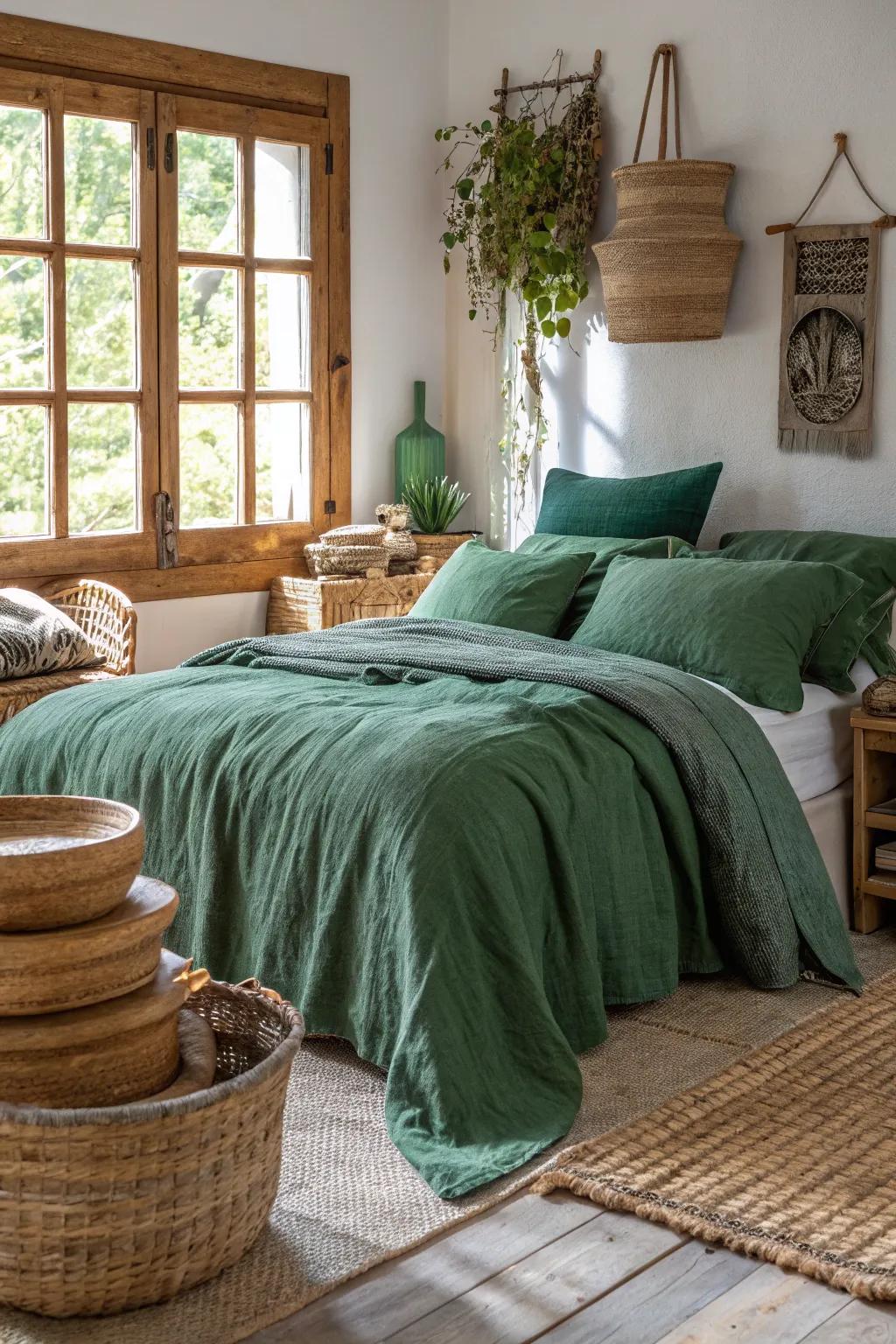 Earthy textures like linen pair beautifully with forest green bedding.