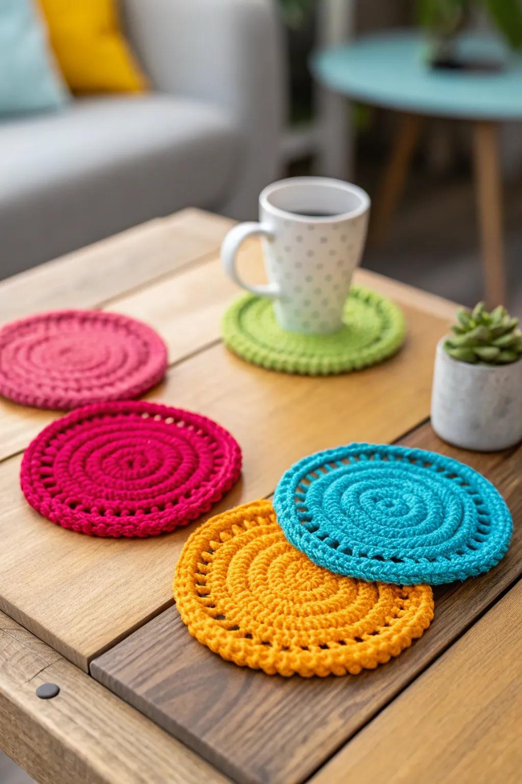 Crochet coasters that combine style and functionality.