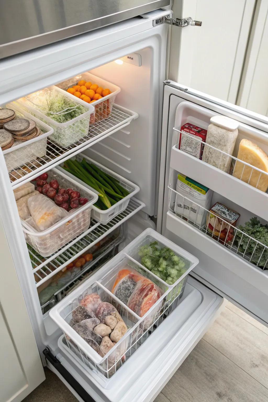 Baskets help navigate the deep freezer's expansive space.