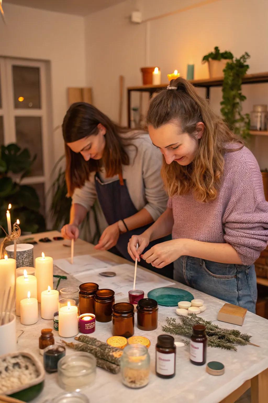 Craft personalized scented candles for a cozy Friendsmas ambiance.