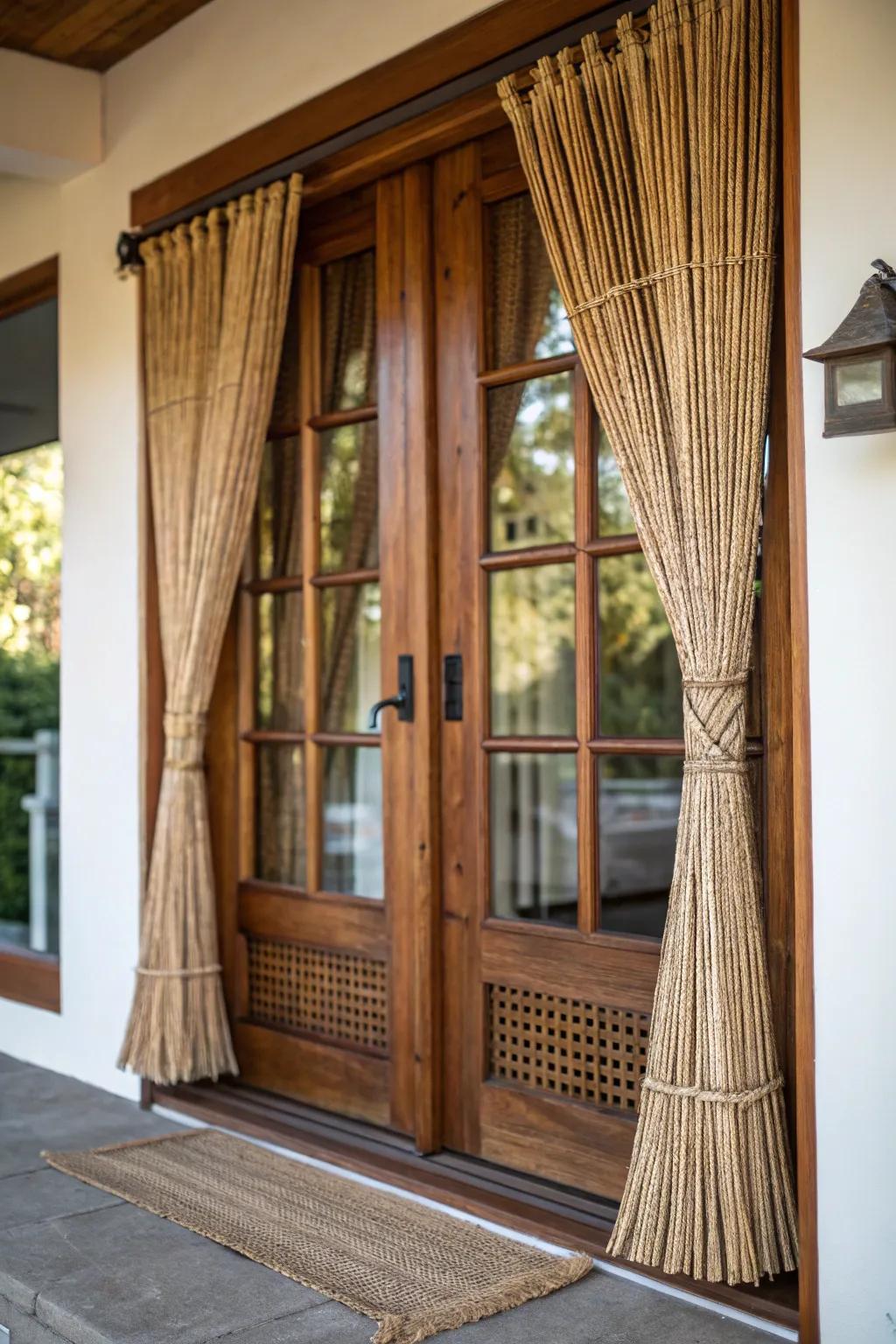 Woven wood drapes adding an earthy elegance to the entryway.