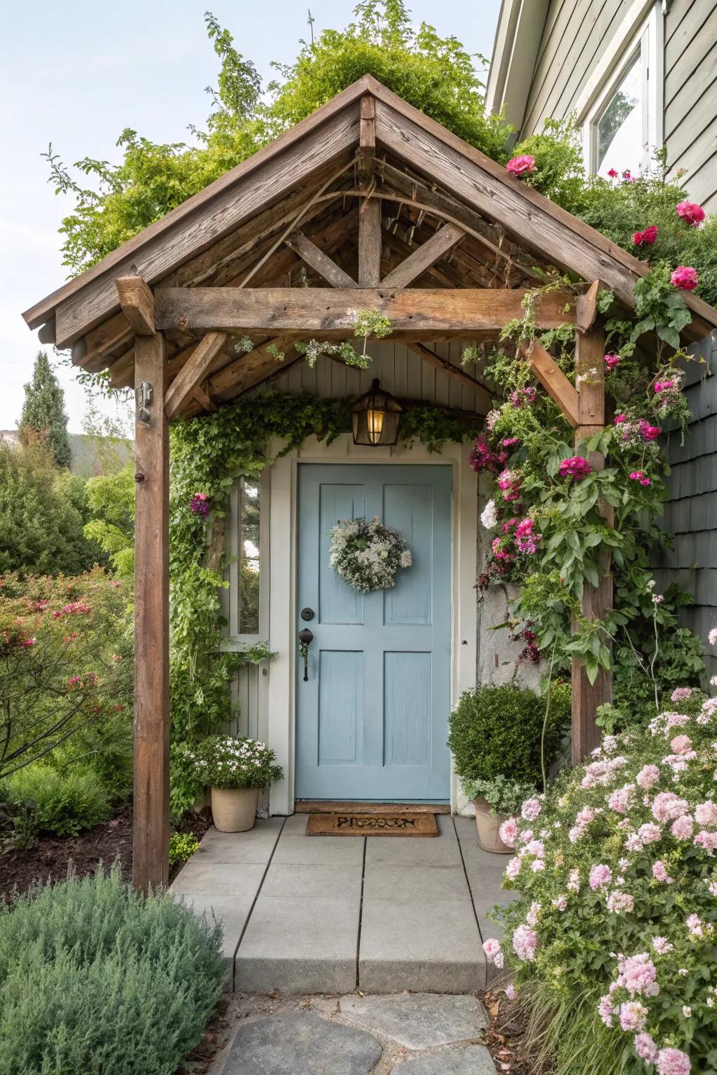 Rustic wooden canopy creating a warm, inviting entrance.