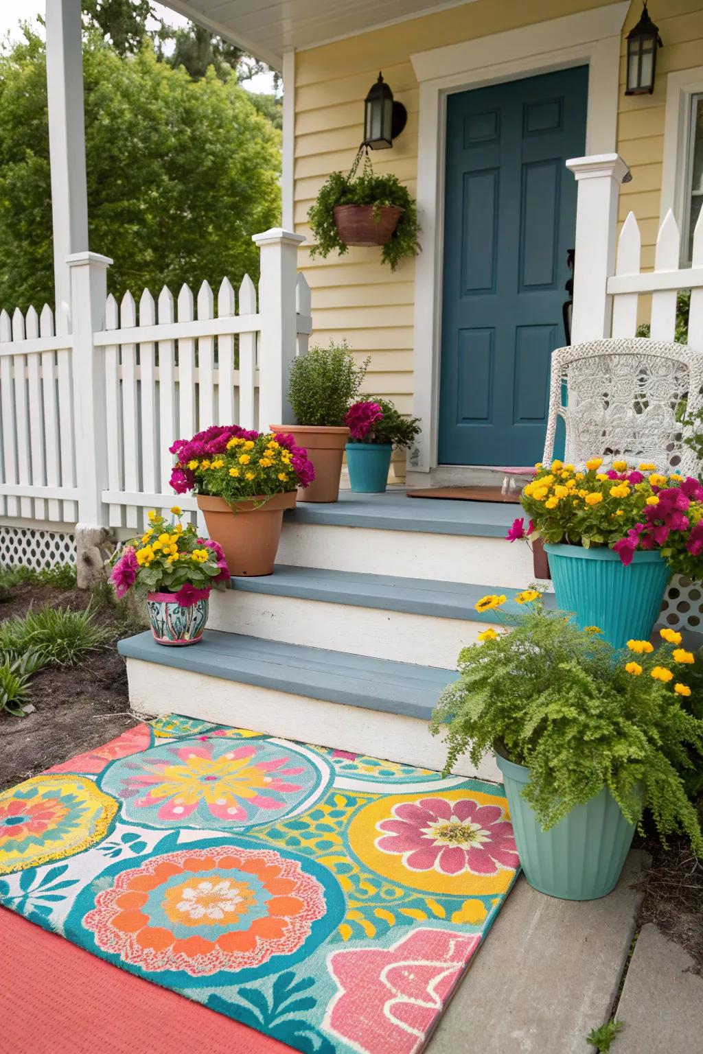 An outdoor rug adds color and defines your front stoop space.