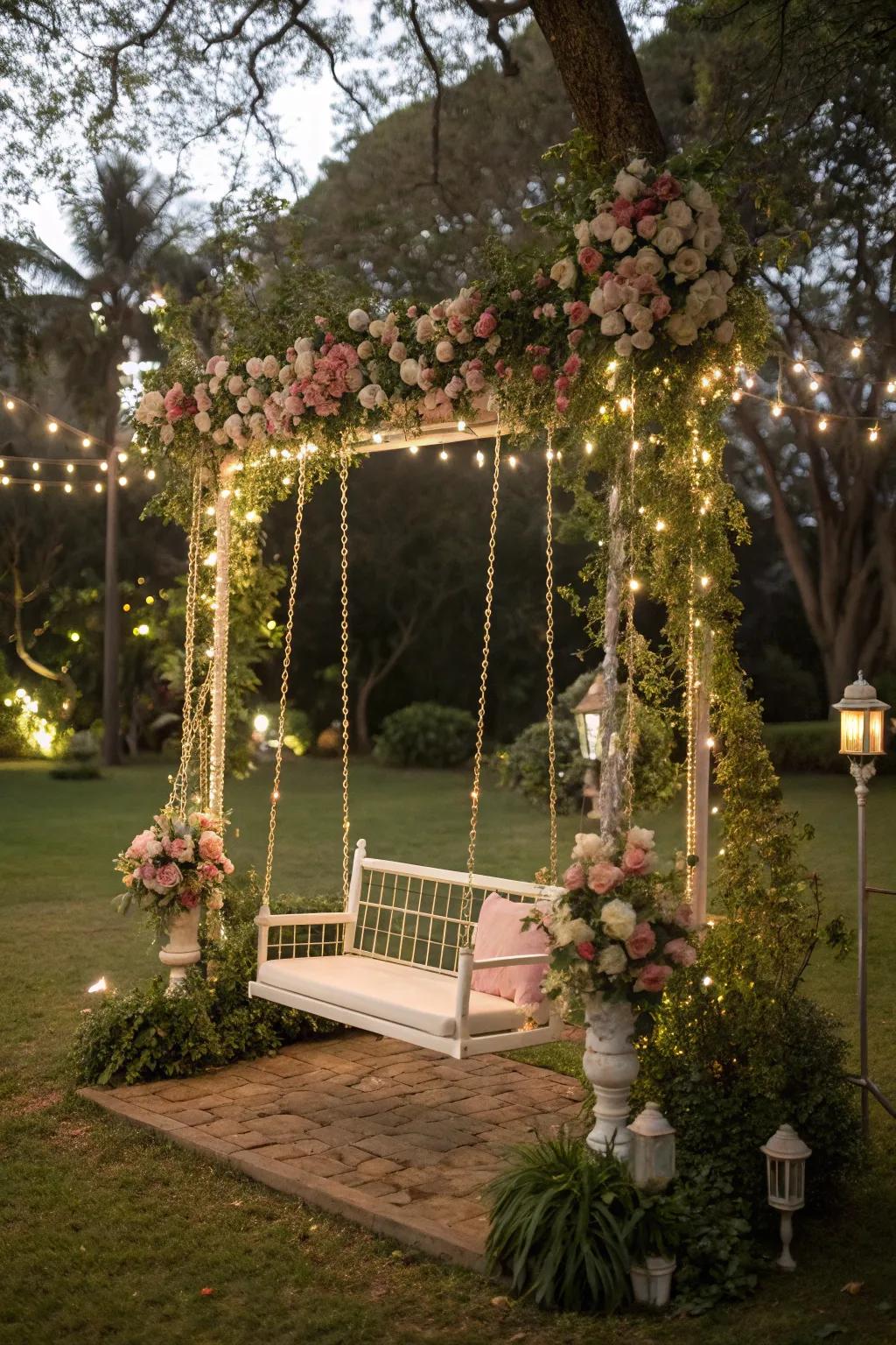 A floral swing adds charm and a fun photo spot for guests.