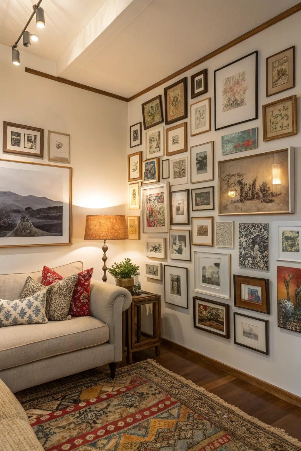 An overlapping style gallery wall with frames creating depth in a cozy room.