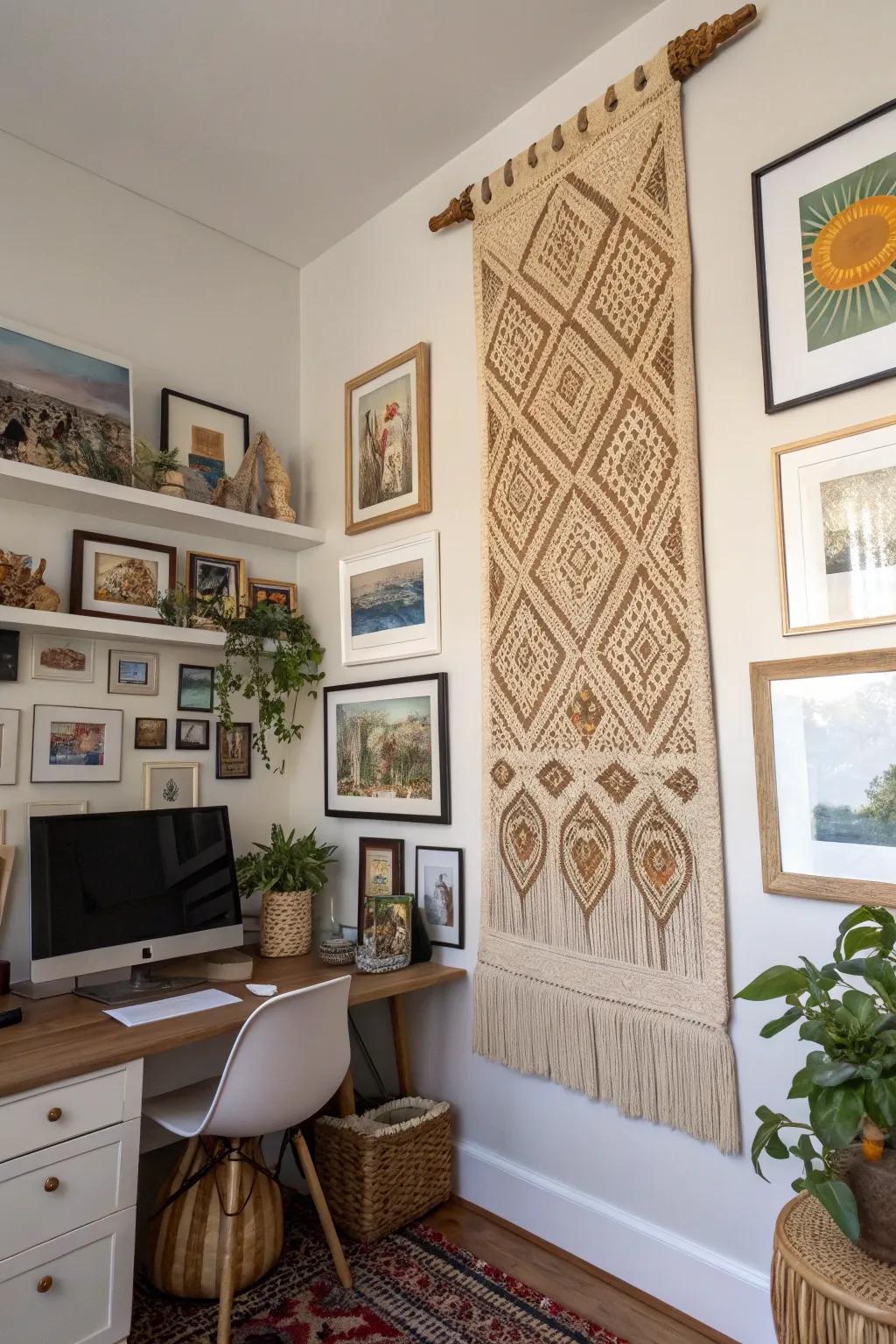 A cozy tapestry and 3D elements add texture to this inviting office gallery wall.