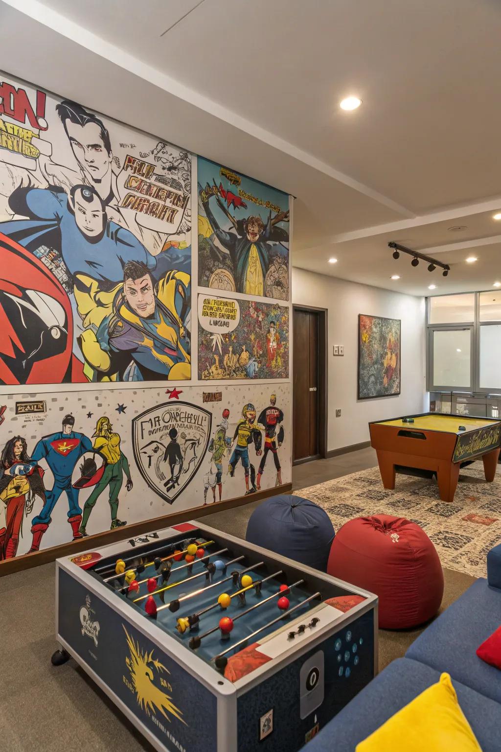 A vintage comic book-themed game room mural for superhero fans.