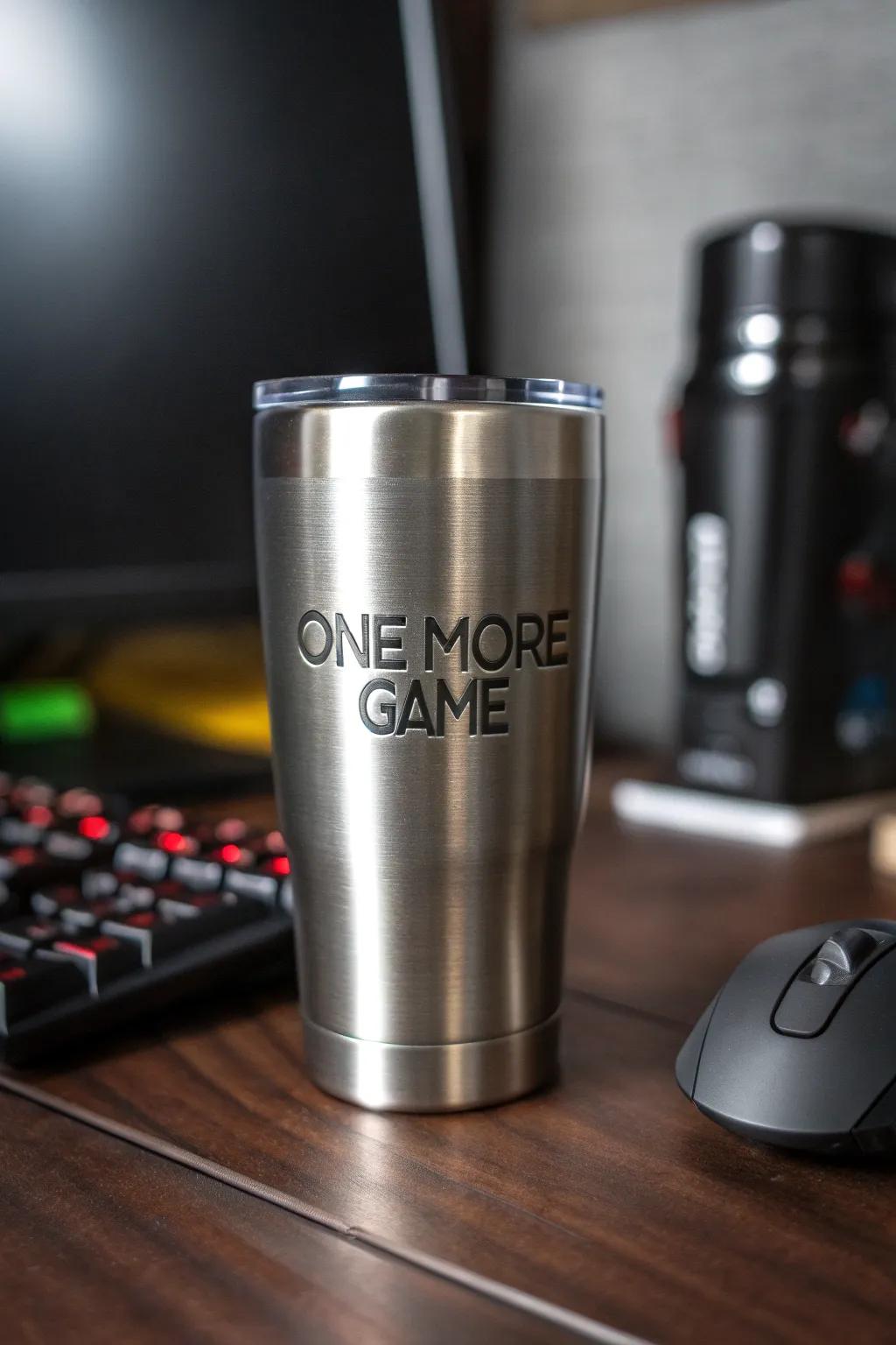 Elevate your gaming nights with a tumbler that speaks to your passion. 'One More Game' etched for those endless adventures.
