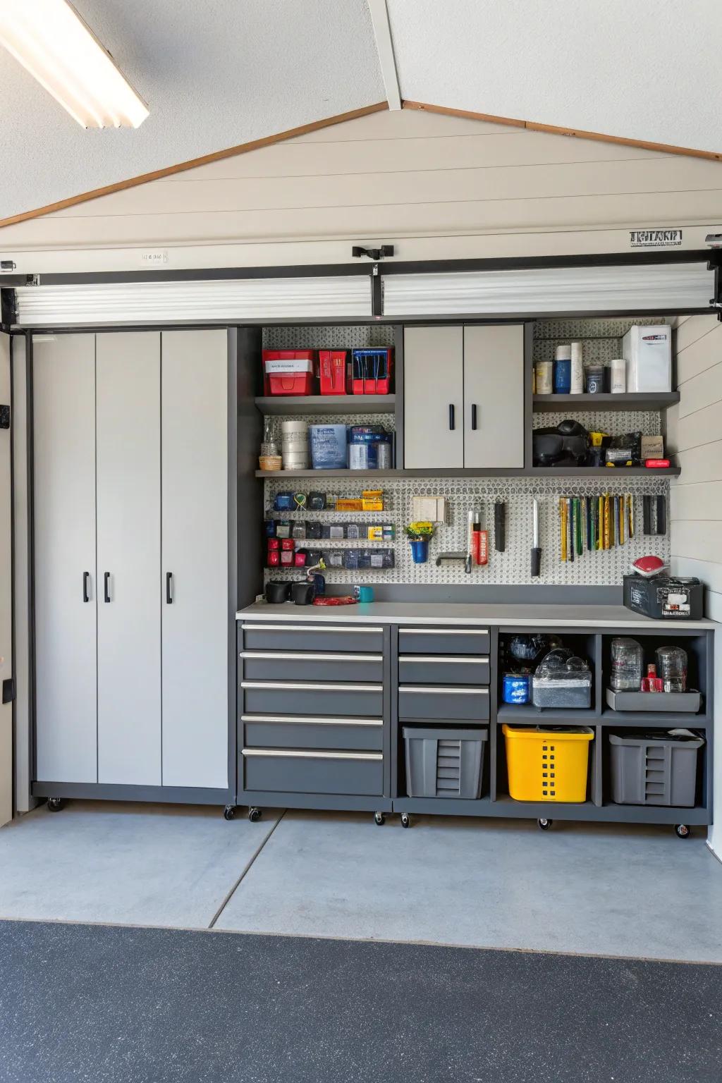 Adjustable dividers help customize and organize cabinet storage.