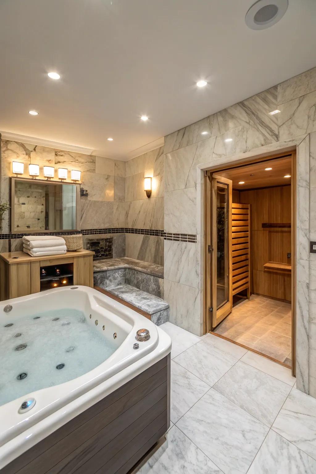 A luxurious spa bathroom offering relaxation in a converted garage.