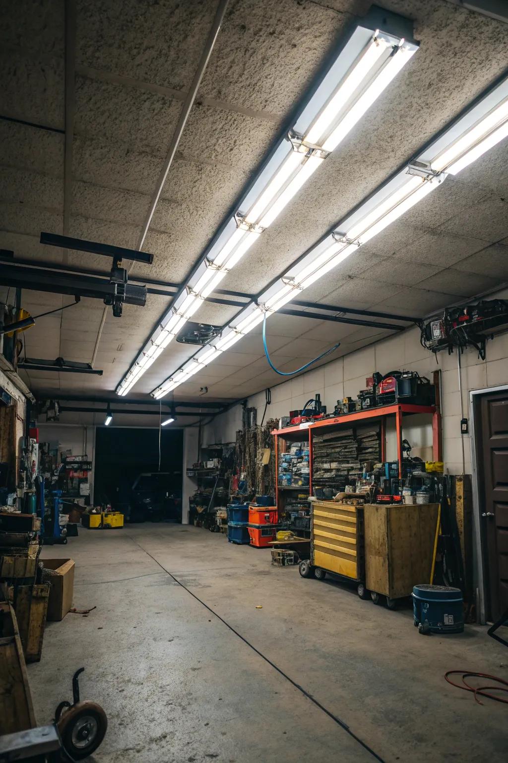 Fluorescent lights offer a cost-effective and energy-efficient solution for garage lighting.