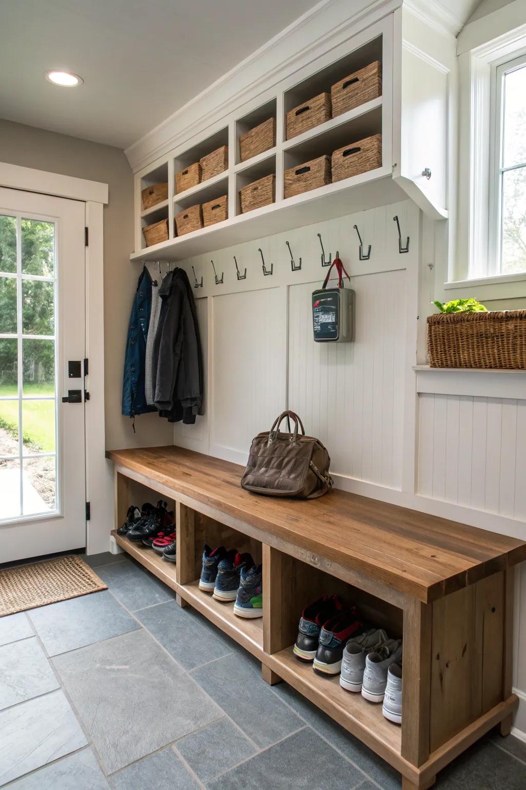 A shoe station under the bench keeps footwear organized in a garage mudroom.