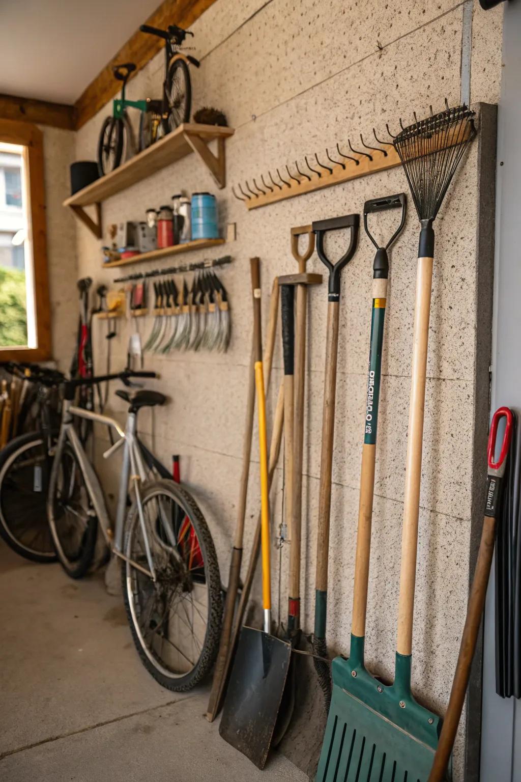 A tool rack organizes long-handled tools efficiently.