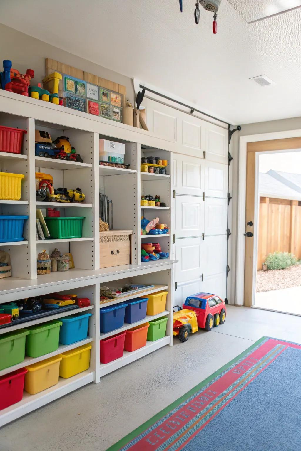 Efficient storage keeps the playroom tidy and organized.