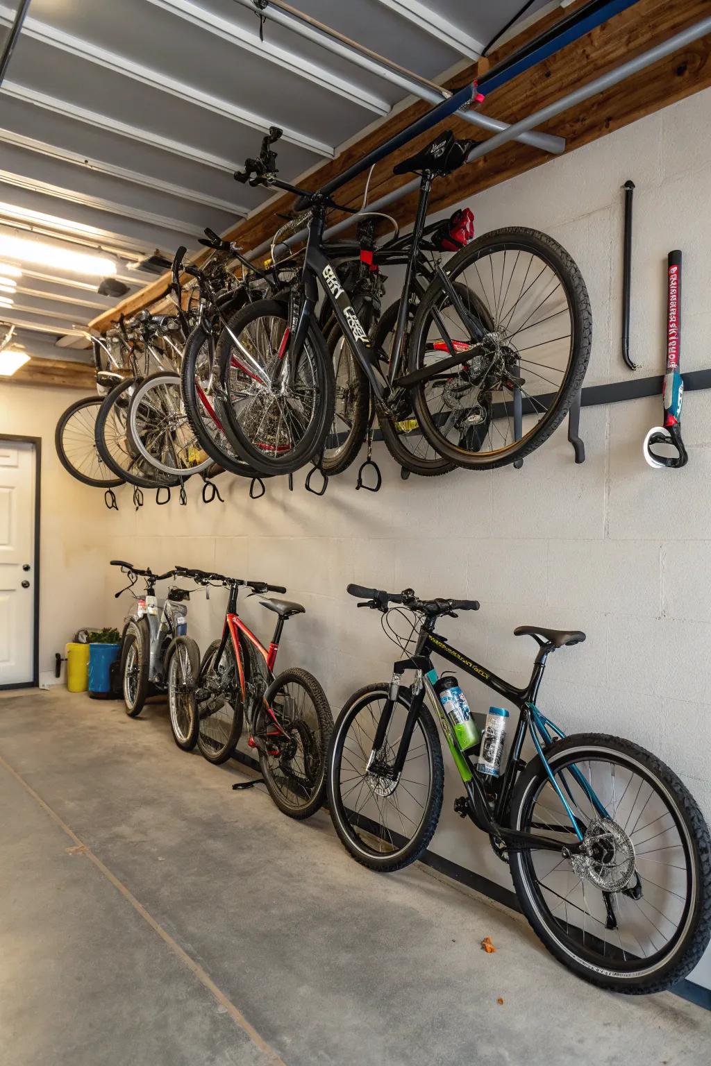 Wall hooks keep bikes organized and free up valuable floor space.