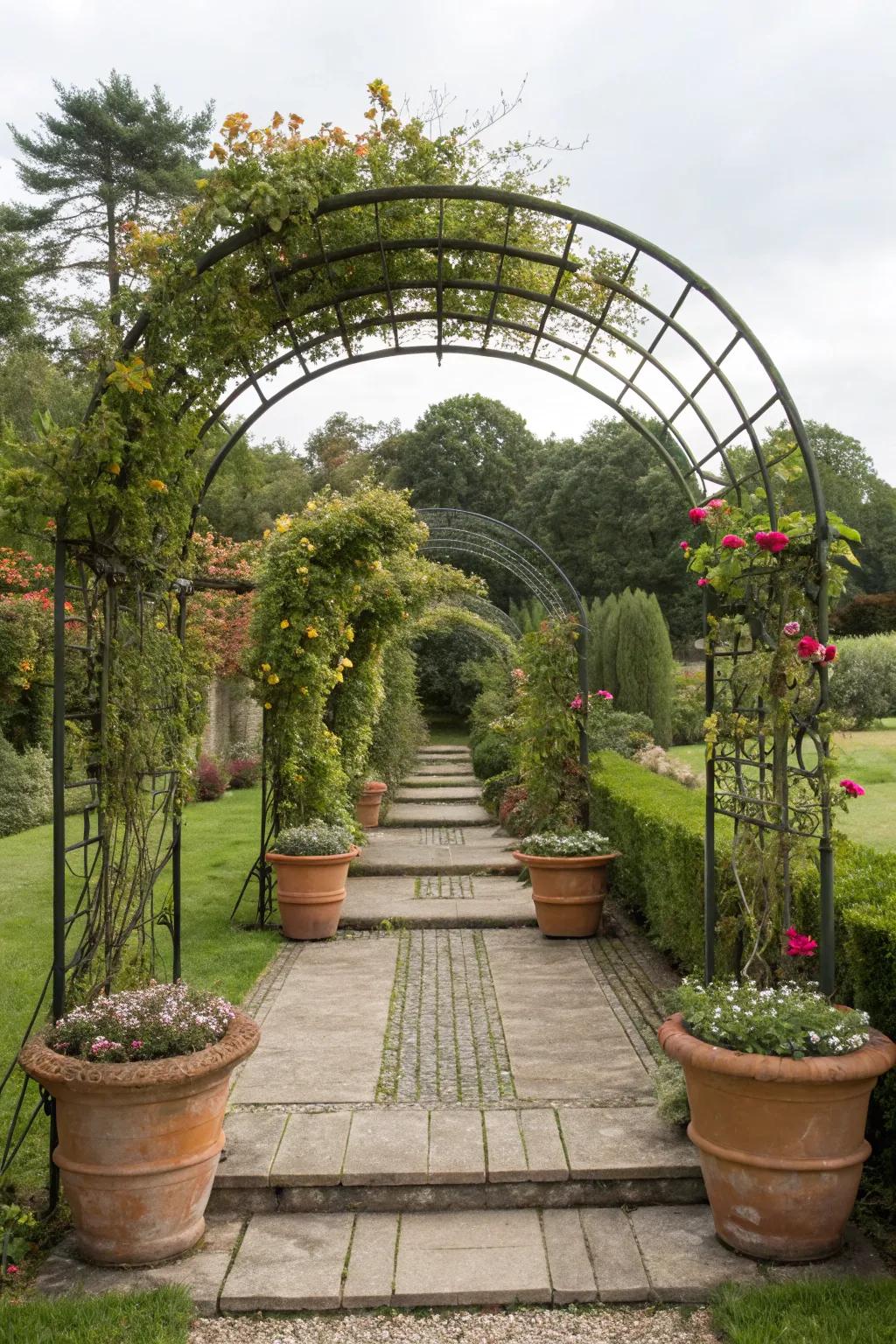 Container gardening meets arch trellis for a dynamic garden.