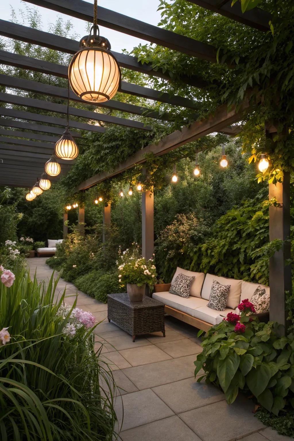 Overhead lighting creates a welcoming atmosphere for evening relaxation.