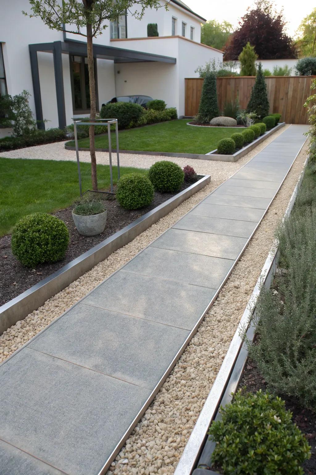 Tidy pea gravel path with metal edging.