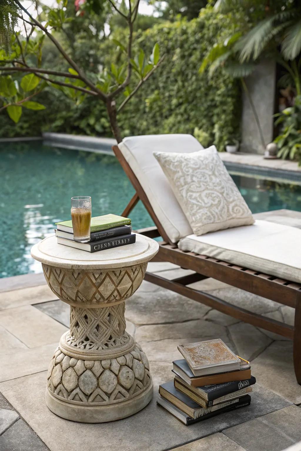 A garden stool is the ideal poolside accessory for holding drinks and books.