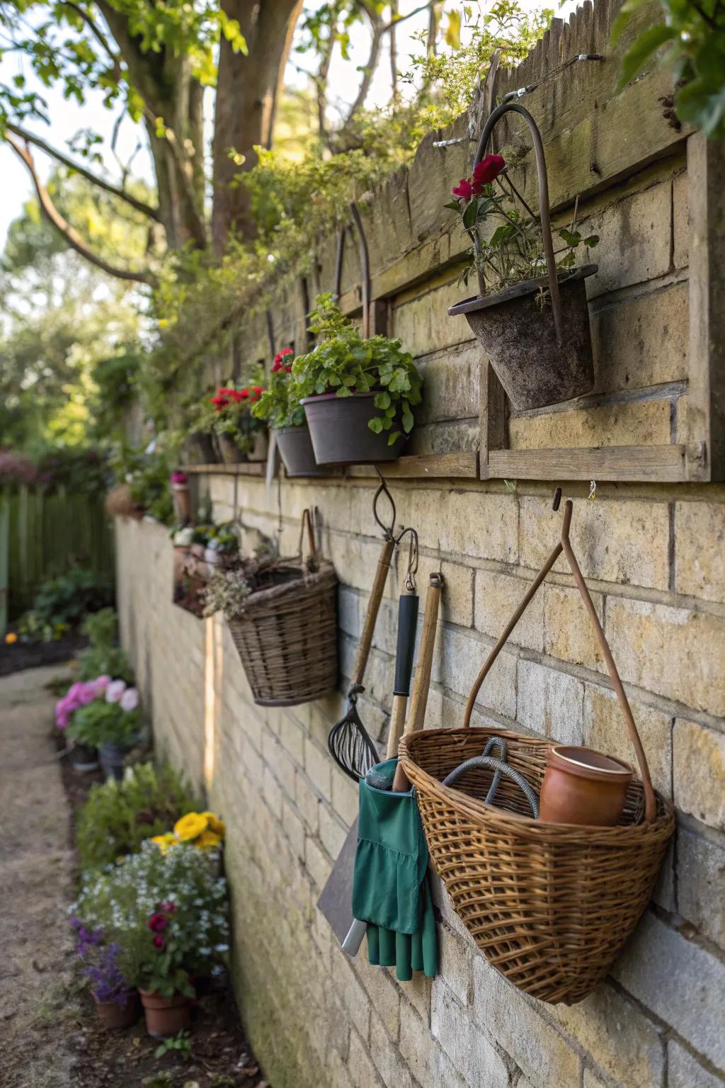 Hanging baskets provide charming and practical storage for small garden tools.