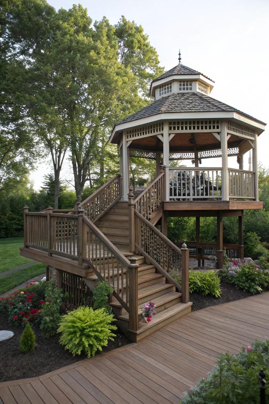 Create distinct zones with a gazebo on a multi-level deck.