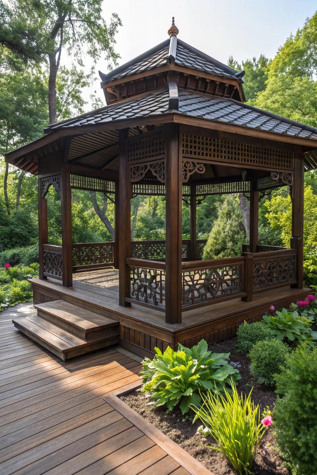 Elevate your outdoor space with a beautifully crafted floating deck gazebo, a perfect blend of luxury and nature.